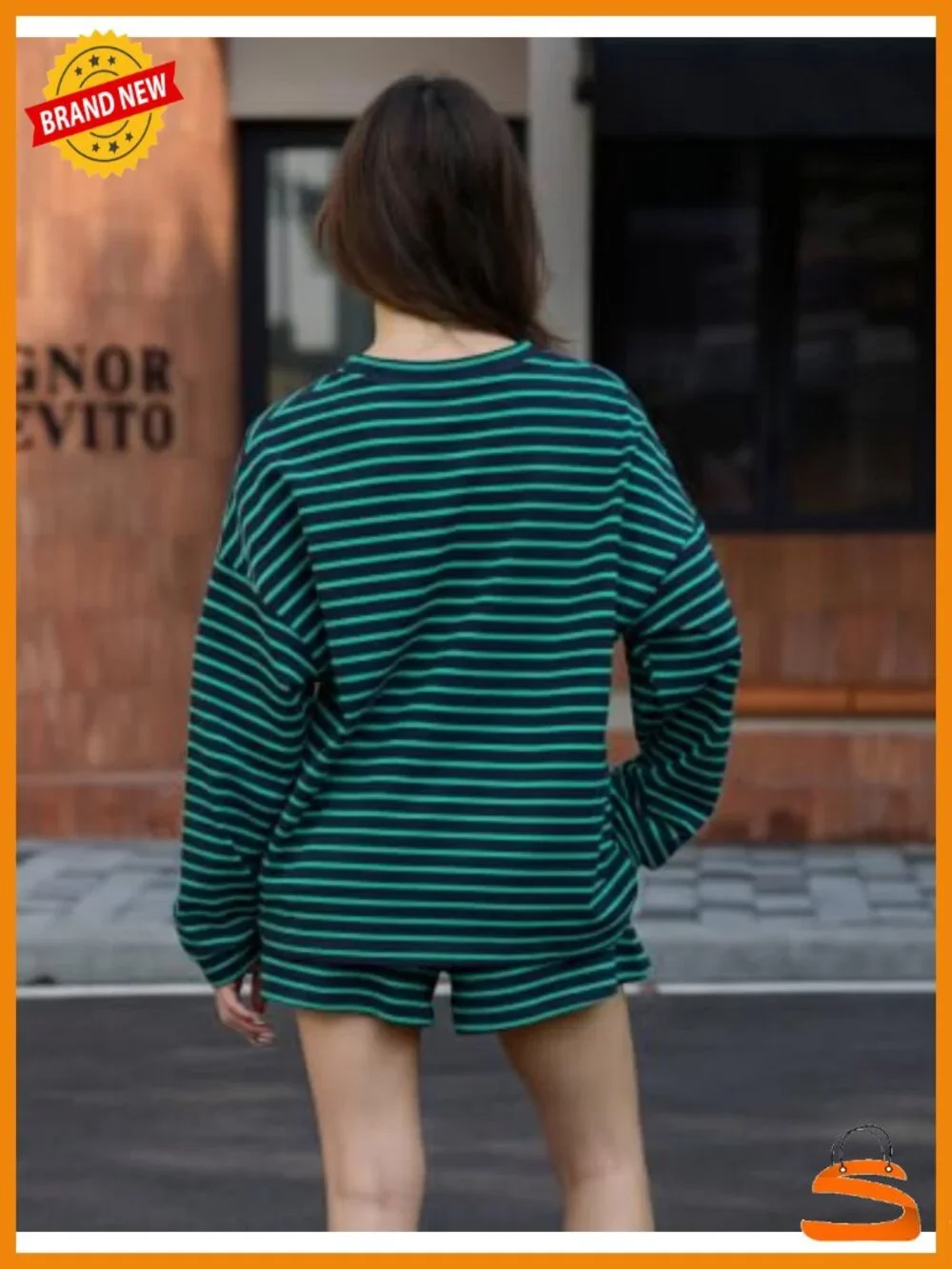 Striped Cotton Lounge Set Oversized Henley Top & Shorts Long Sleeve